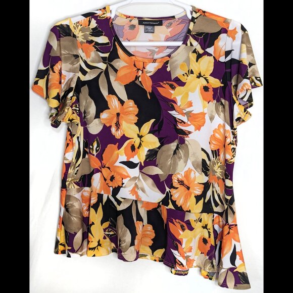 Ashley Stewart Tops - Fun ASHLEY STEWART 18/20 1X 0X Floral Print Stretch Asymmetric Hem Peplum Blouse